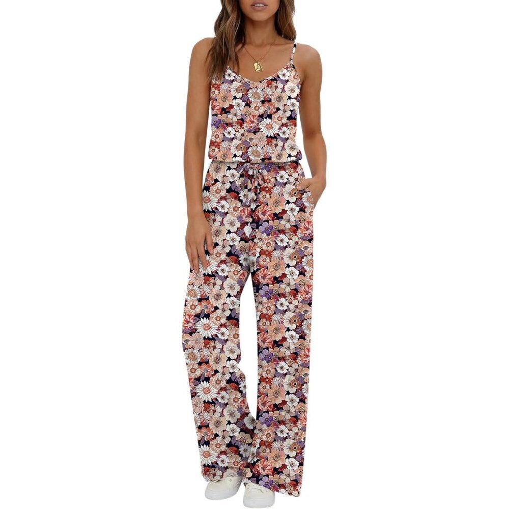 Women's Black Floral Summer Dressy Sleeveless Wide Leg Long Pant Romper Jumpsuit